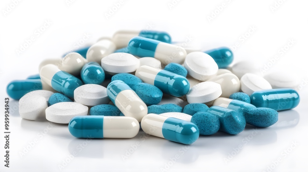 Blue & White Pill Collection on Table, Light Blue & Pale pills on Isolated Background, Medicinal Theme Highlighted Blue & White Pill Collection on Table, Light Blue & Pale pills on Isolated Background, Medicinal Theme Highlighted