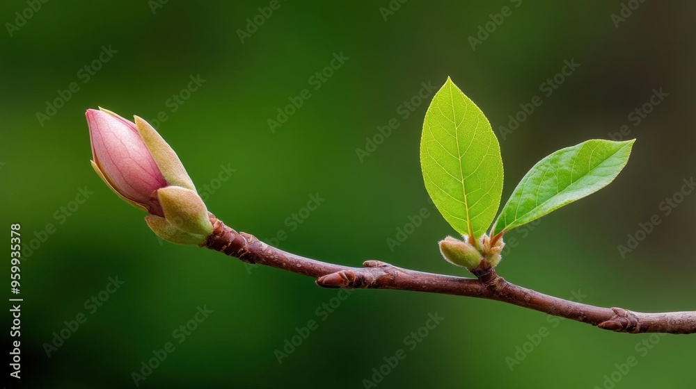 A beautiful bud emerging from a branch with fresh green leaves, symbolizing renewal and spring's arrival in nature. A beautiful bud emerging from a branch with fresh green leaves, symbolizing renewal and spring's arrival in nature.