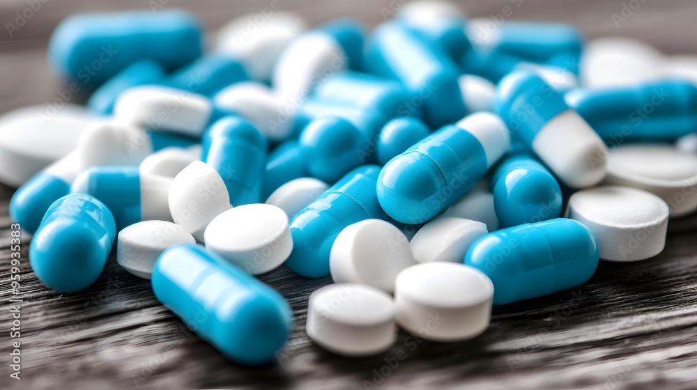Blue & White Pill Collection on Table, Light Blue & Pale pills on Isolated Background, Medicinal Theme Highlighted Blue & White Pill Collection on Table, Light Blue & Pale pills on Isolated Background, Medicinal Theme Highlighted