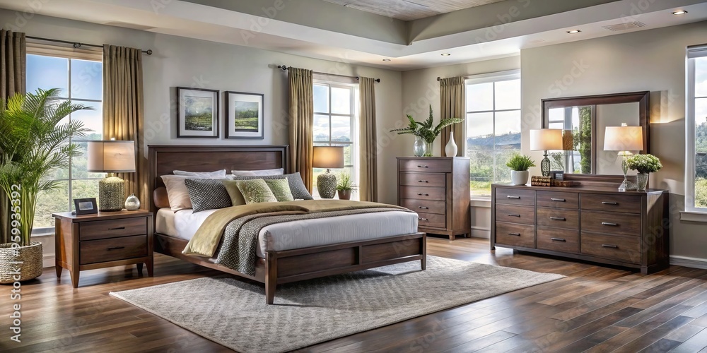 Fototapeta premium Modular bedroom furniture designs create a comfortable atmosphere in spacious rooms, available at Canadian retailers,