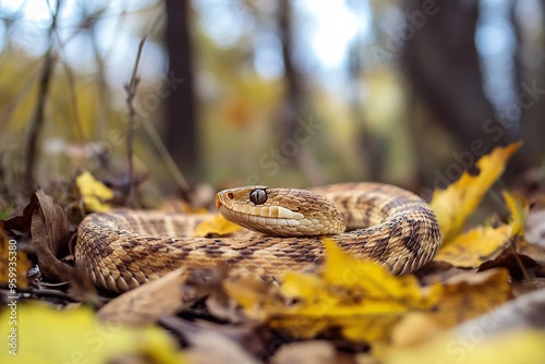 A close-up of a beautiful snake resting on autumn leaves in a tranquil forest setting, showcasing its unique patterns and colors.