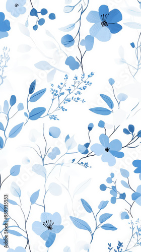 Aesthetic modern pattern with small boho flowers, white and pastel blue colors, invitation template. Generative AI