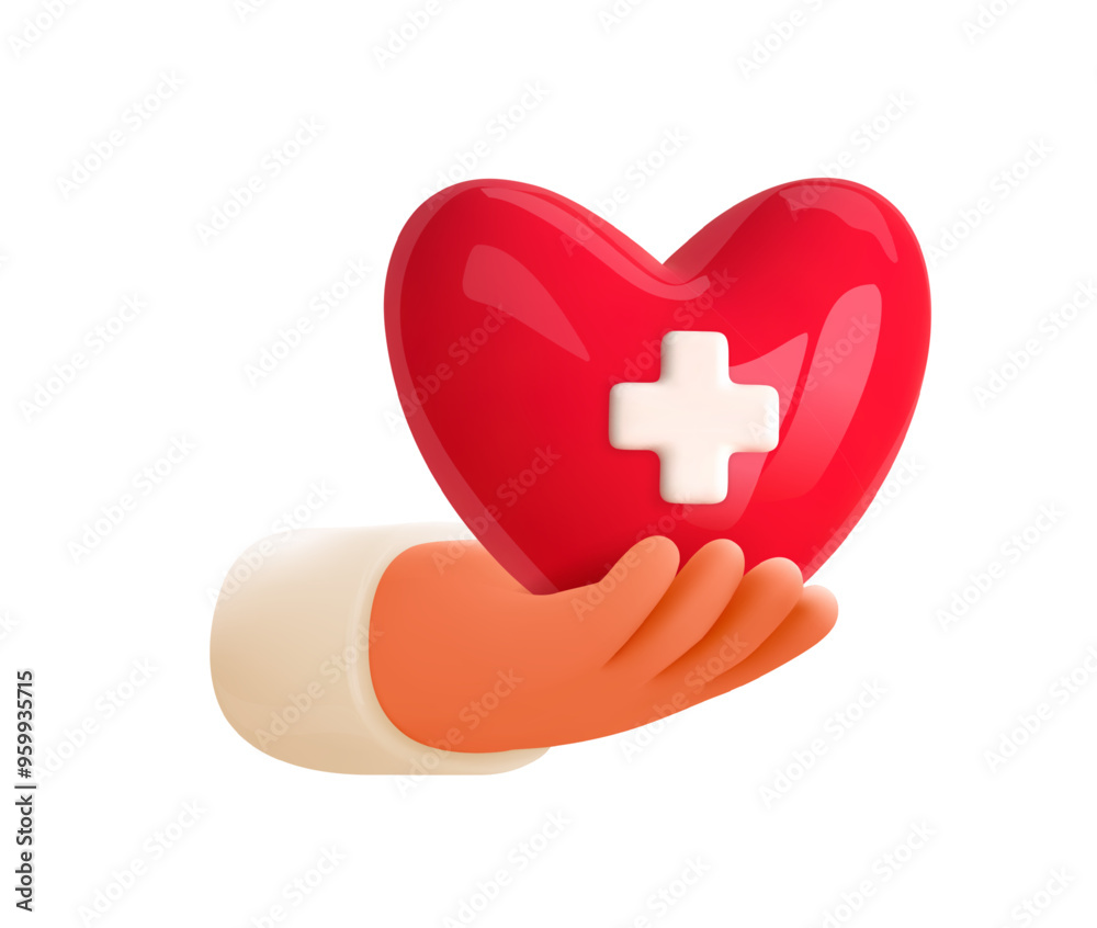 Obraz premium 3d medical icon. Health care and medicine. Doctor hand hold heart with cross. Donate or volunteer concept Vector 3d elements for medical design projects