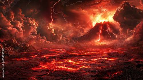 Red Hell The ground cracked red, there was fog above, red clouds, lightning flashed in the distance, there was a red volcano covered in dust and explosions.