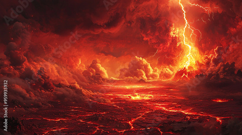 Red Hell The ground cracked red, there was fog above, red clouds, lightning flashed in the distance, there was a red volcano covered in dust and explosions.