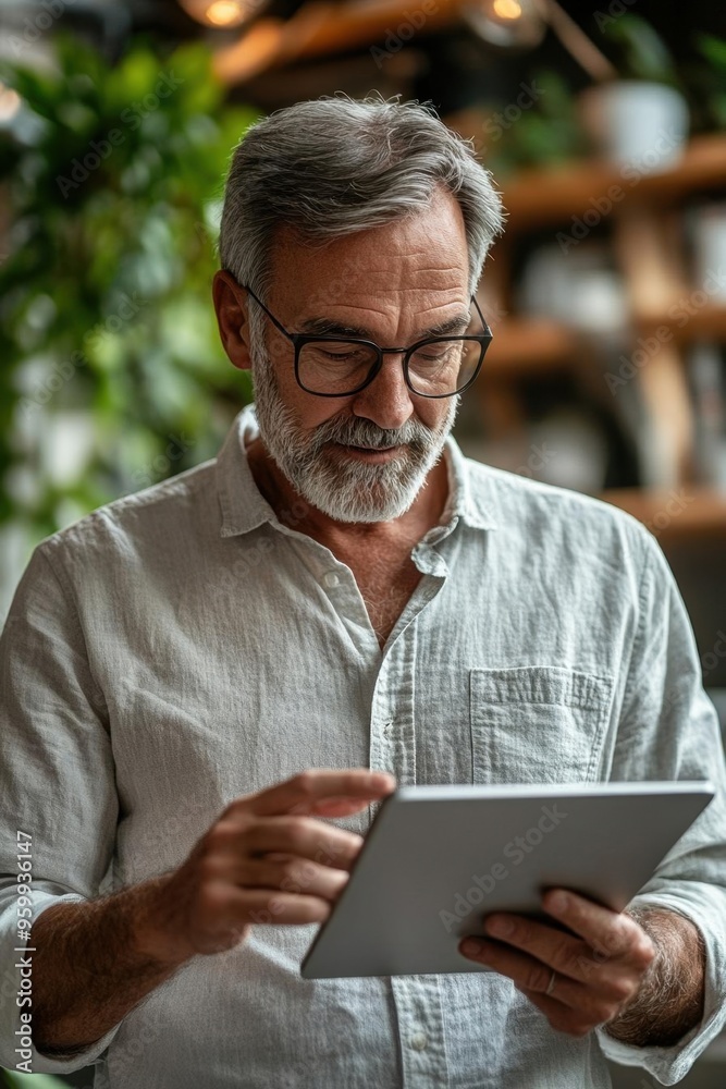 A focused elderly man using a tablet in a cozy, green indoor setting, demonstrating modern technology and relaxation. A focused elderly man using a tablet in a cozy, green indoor setting, demonstrating modern technology and relaxation.