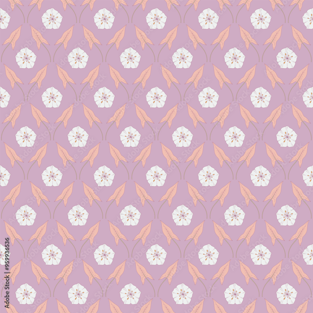 Seamless pattern with flowers and leaves of convolvulus plant. Template with bindweed wildflowers for fashion prints. Diamond shape grid. Light purple background. Vector illustration Seamless pattern with flowers and leaves of convolvulus plant. Template with bindweed wildflowers for fashion prints. Diamond shape grid. Light purple background. Vector illustration