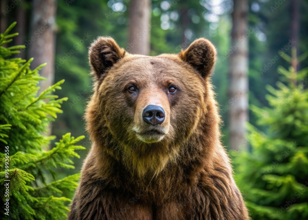 Close-Up Of A Large Brown Bear Standing In A Forest With Trees And Vegetation In The Background Close-Up Of A Large Brown Bear Standing In A Forest With Trees And Vegetation In The Background