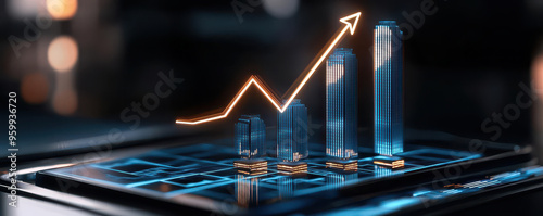 Business growth, graph rising through digital skyscrapers, 3D illustration