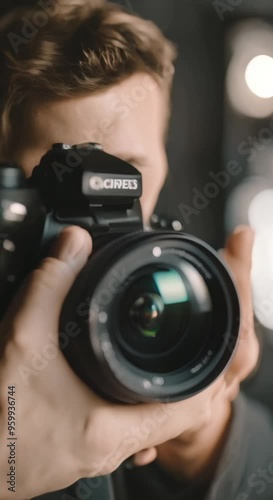 A hand adjusting the focus on a camera.
