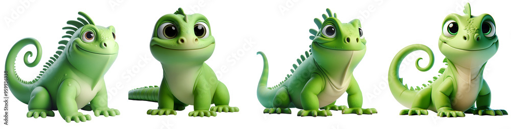 Fototapeta premium Set of 3D rendered illustration cartoon Iguanas isolated on white and Transparent Background 