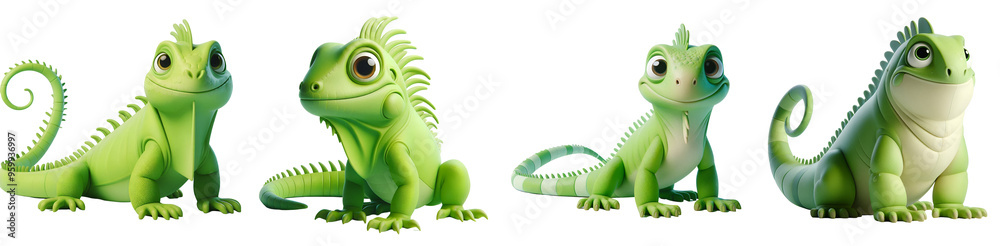 Fototapeta premium Set of 3D rendered illustration cartoon Iguanas isolated on white and Transparent Background 