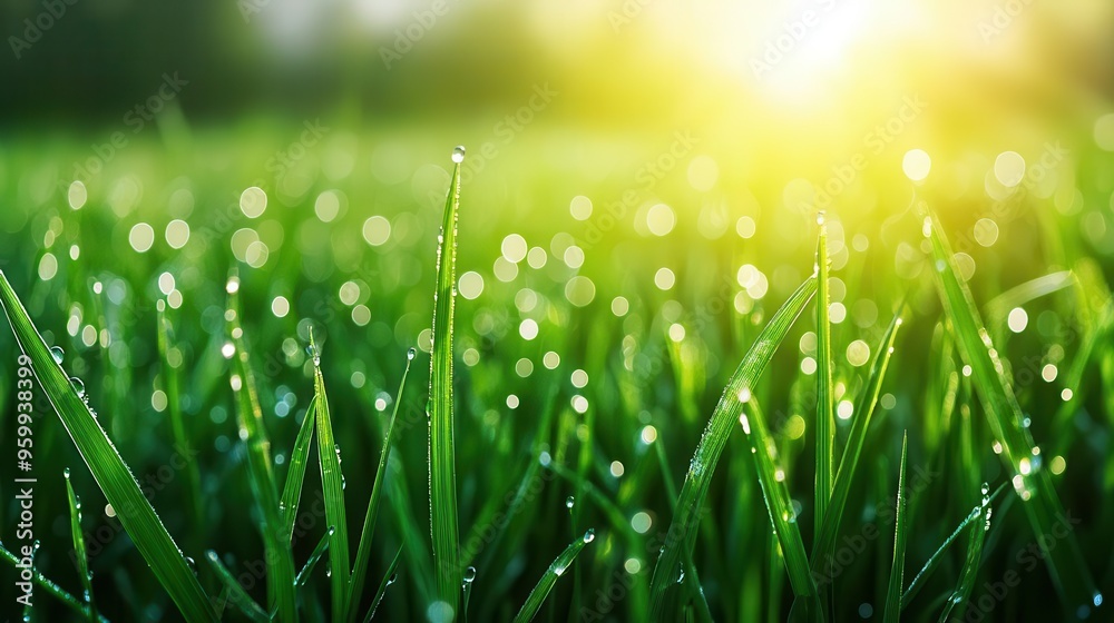 Fototapeta premium Morning dew on fresh green grass, symbolizing the freshness of a new start