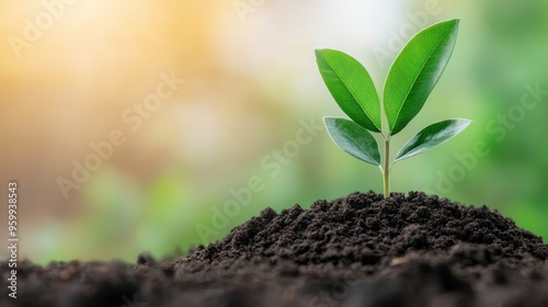 Young Plant Growing in Soil with Green Blurred Background