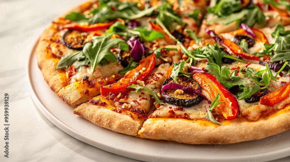 A delectable vegan pizza garnished with vibrant bell peppers, arugula, and herbs rests on a white plate, illuminated by soft natural light in the background A delectable vegan pizza garnished with vibrant bell peppers, arugula, and herbs rests on a white plate, illuminated by soft natural light in the background