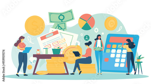 Salary Payment concept. Employee or workers are happy receive a monthly salary. People calculating money, flat vector modern illustration
