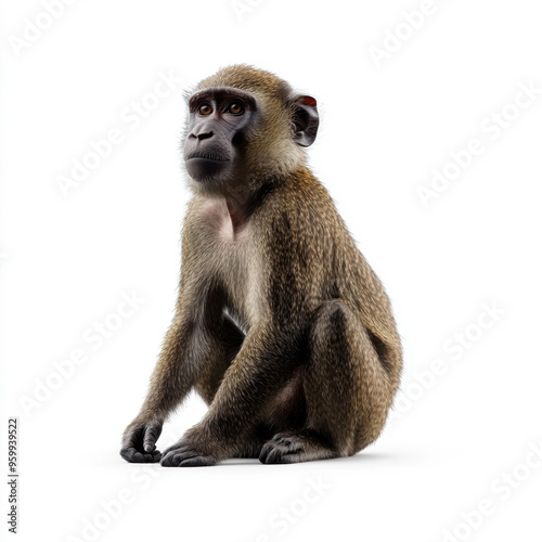 A young baboon sitting and looking attentively against a white background, showcasing the animal's natural posture and expression.