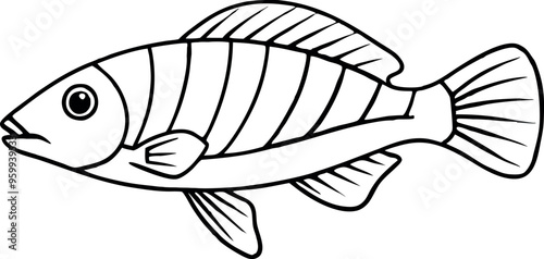 Simple Black and White Fish Illustration with Stripes for Coloring