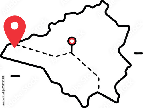 Simple Outline Map With Location Pin and Dotted Route Path Indicating Travel or Navigation Concept