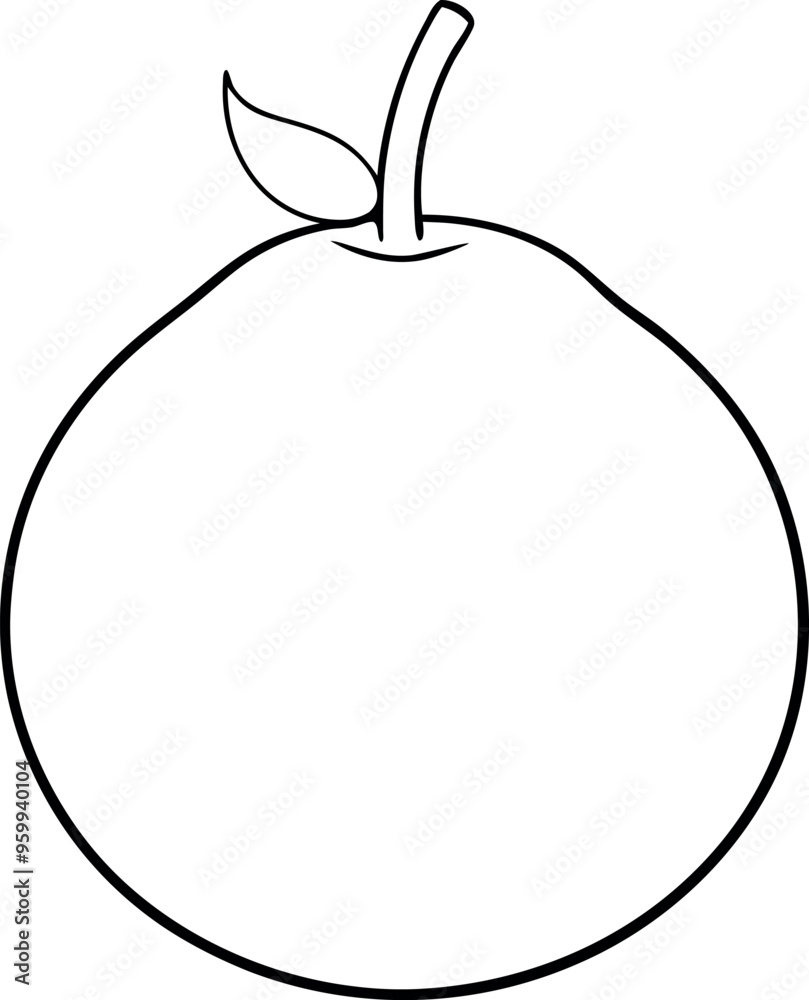 Simple Black and White Line Art of an Orange with a Stem and Leaf Simple Black and White Line Art of an Orange with a Stem and Leaf