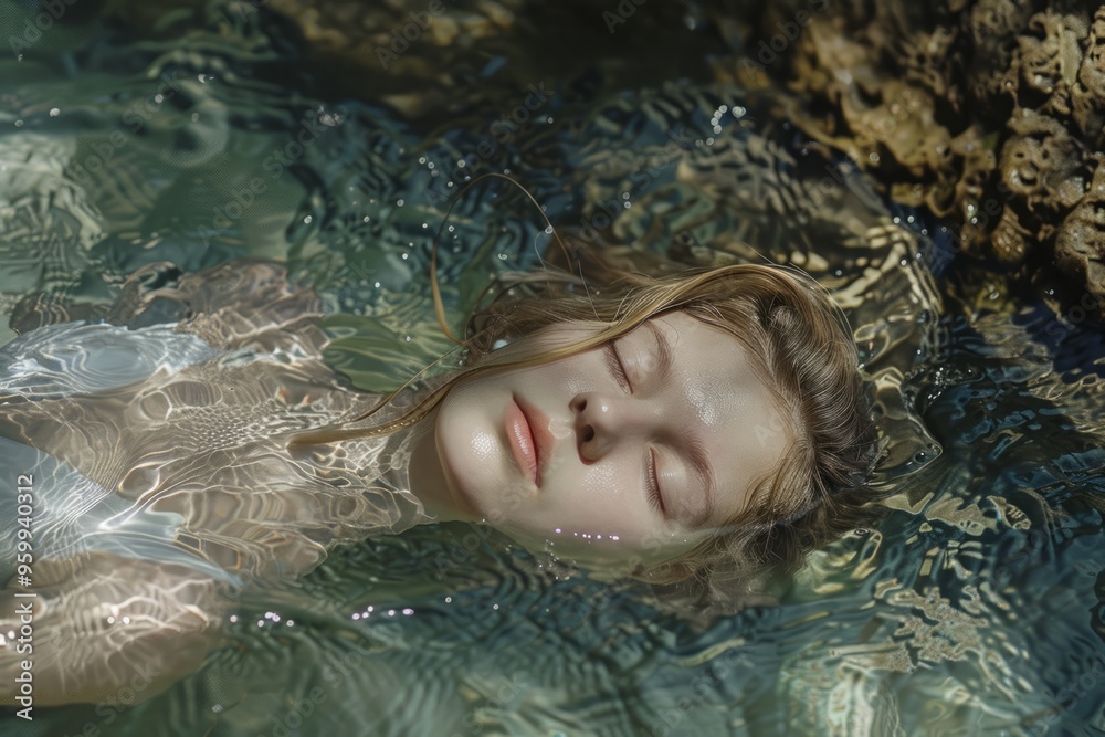 A serene nymph gracefully floats in tranquil waters, her eyes closed in peaceful relaxation while gentle ripples shimmer around her A serene nymph gracefully floats in tranquil waters, her eyes closed in peaceful relaxation while gentle ripples shimmer around her
