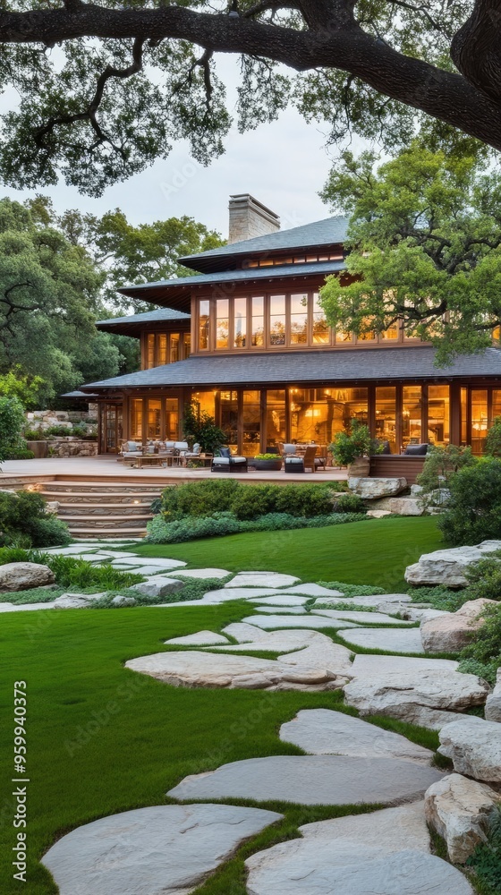 Fototapeta premium A tranquil Japanese courtyard showcases a gravel landscape with a stone path and wooden lanterns glowing softly, embodying serenity at night with a modern house