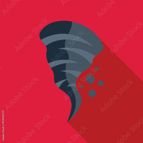 Big grey tornado rotating with debris flying around on red background, flat style illustration