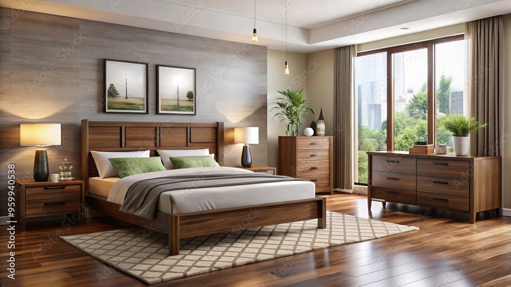 Naklejka premium Sleek and sophisticated, this modern bedroom furniture set includes bed, nightstands, dresser, and mirror, available