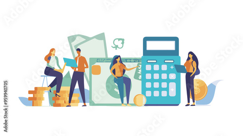Salary Payment concept. Employee or workers are happy receive a monthly salary. People calculating money, flat vector modern illustration