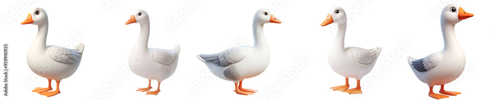 Set of 3D rendered illustration cartoon Goose isolated on white and Transparent Background Set of 3D rendered illustration cartoon Goose isolated on white and Transparent Background