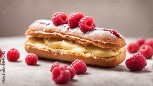 dessert, eclair with raspberries