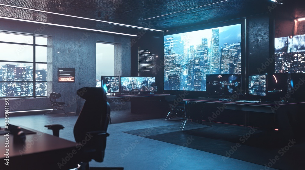 Futuristic Control Room with Cityscape View Futuristic Control Room with Cityscape View