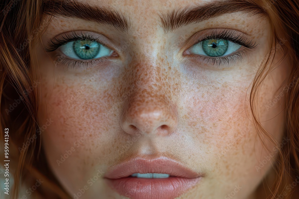 Fototapeta premium closeup portrait of woman with intricate constellation of freckles across face soft natural lighting intimate and ethereal mood