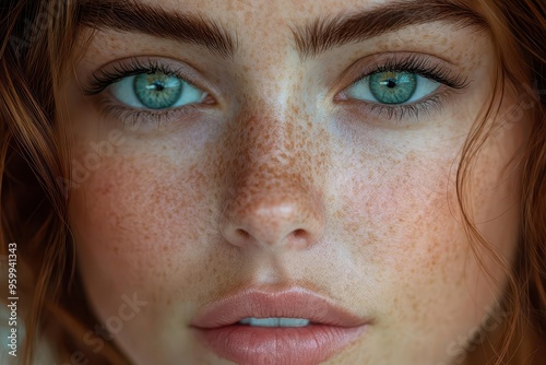 closeup portrait of woman with intricate constellation of freckles across face soft natural lighting intimate and ethereal mood