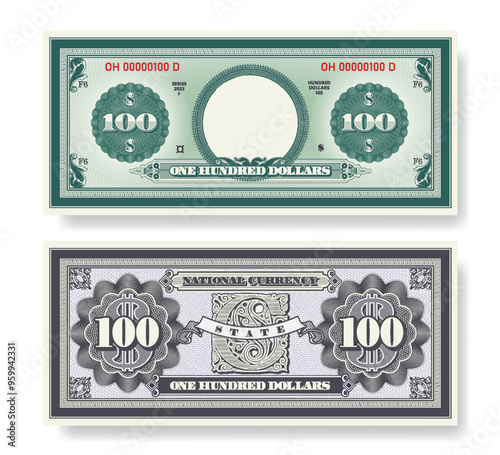 Vector fictional beautiful banknote of 100 dollars. Obverse and reverse of note. Play money with empty circle, guilloche patterns, grid. Blank or sample of certificate. Business and finance. Hundred