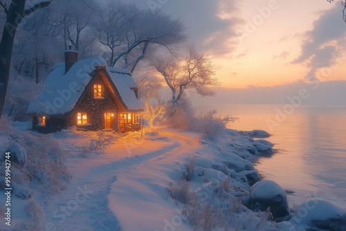 cozy thatched roof cottage near snowy beach at twilight warm glowing windows festive holiday lights charming winter wonderland scene