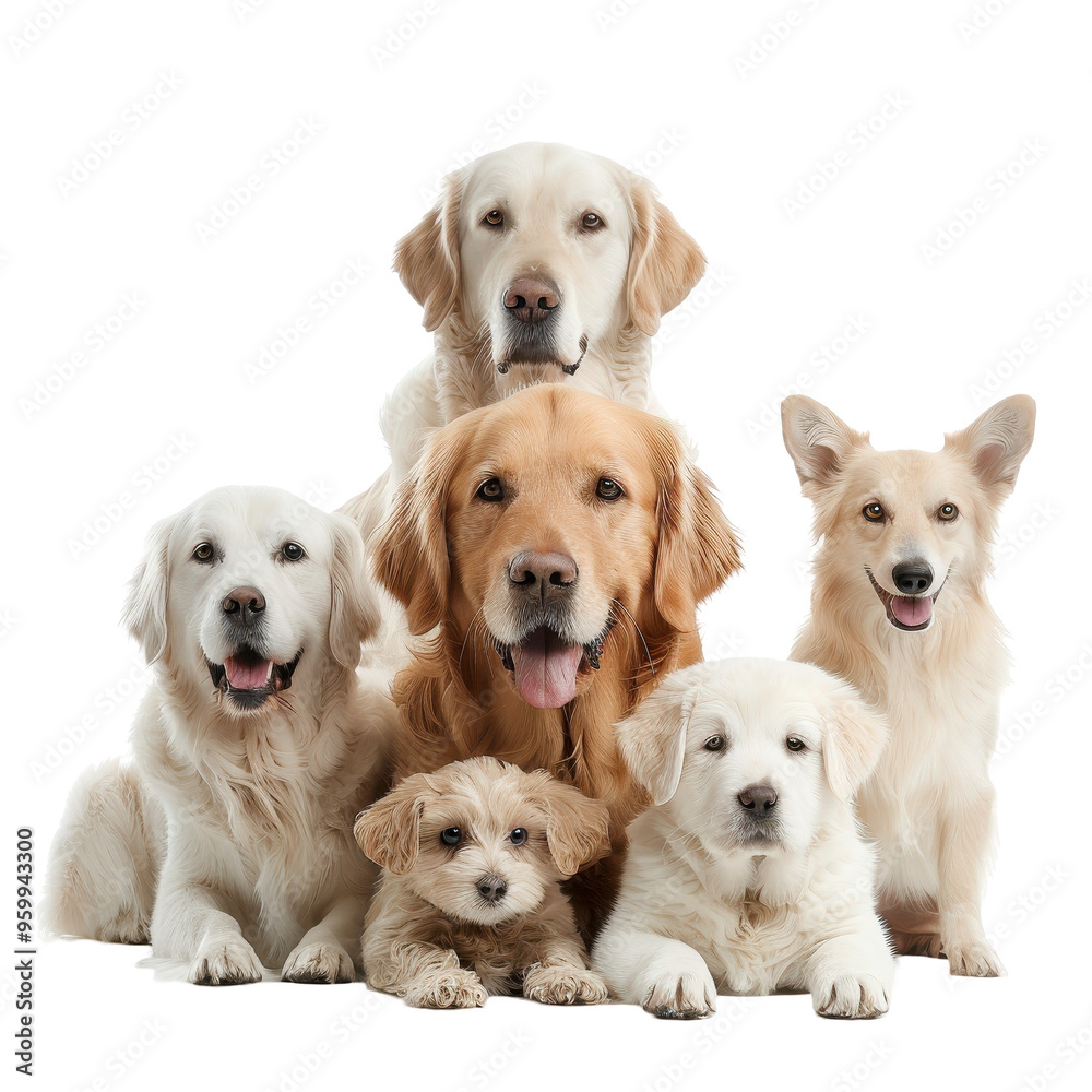 A group of dogs are sitting in a row, with the tallest dog in the middle A group of dogs are sitting in a row, with the tallest dog in the middle