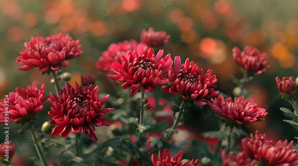 Detailed view of blooming red chrysanthemums in a garden setting, with an autumn nature background, presented in realistic HD quality Detailed view of blooming red chrysanthemums in a garden setting, with an autumn nature background, presented in realistic HD quality