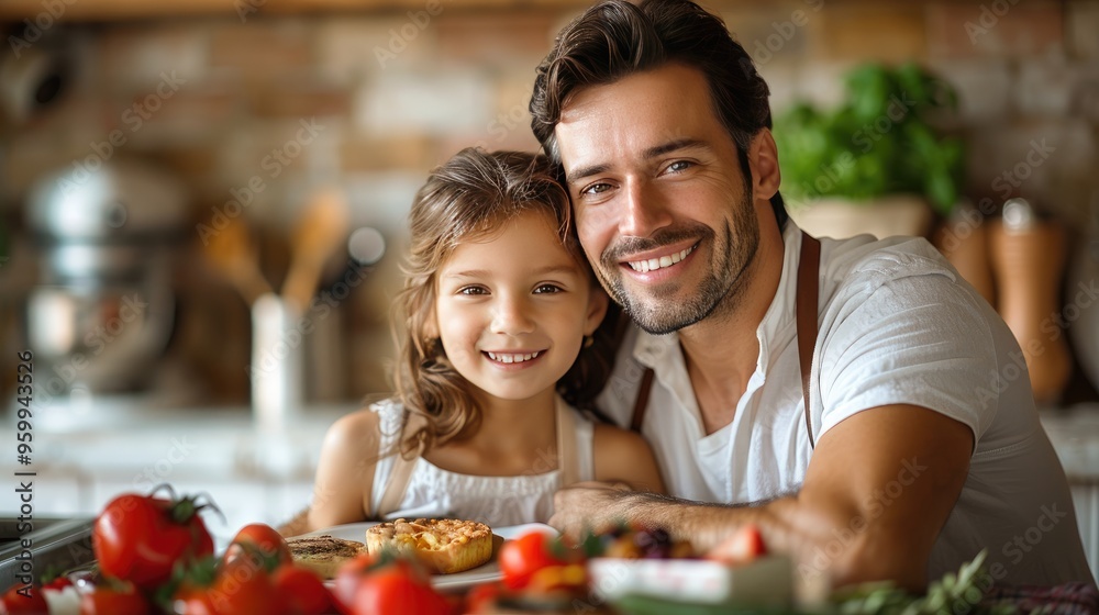 Handsome father with his little cute girl are having breakfast on kitchen. Handsome father with his little cute girl are having breakfast on kitchen.