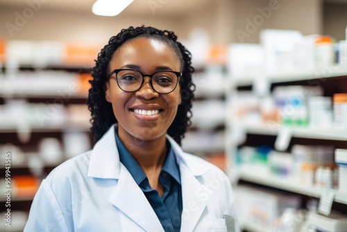 Smiling portrait of a middle aged female pharmacy worker