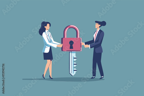 Businesspeople with Lock and Key Symbolizing Cooperation and Overcoming Obstacles in Relationships