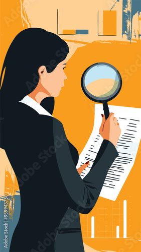 Businesswoman Investigating Incident with Magnifying Glass for Root Cause Analysis and Problem-Solving