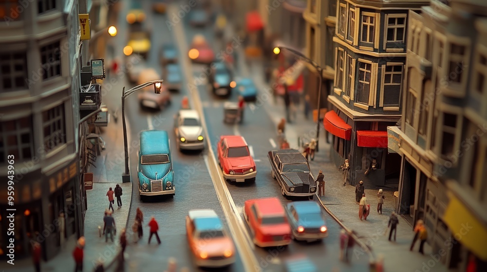 Obraz premium Paper Cityscape Diorama: A Bustling Street Scene in Miniature