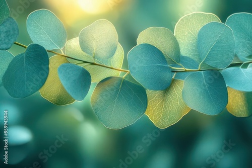 delicate eucalyptus leaves suspended creating natural canopy soft backlight emphasizing intricate leaf structures serene botanical composition