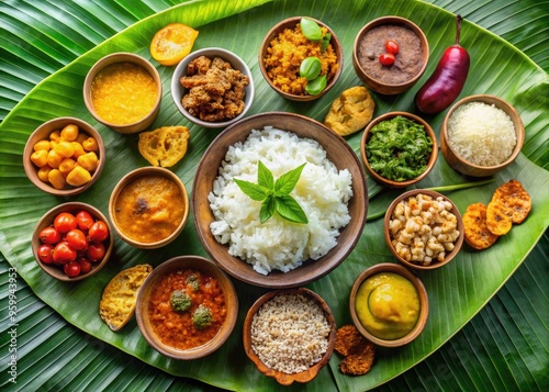 Colorful Assortment Of Traditional Bengali Dishes On A Banana Leaf, Featuring Rice, Lentils, Vegetables, And Sweets photo