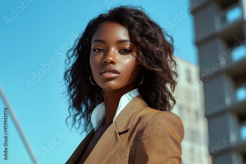 A fashionable dark-skinned lady on a magazine cover. A stylish African American woman in a sharp blazer. Businesswoman in a glossy magazine.