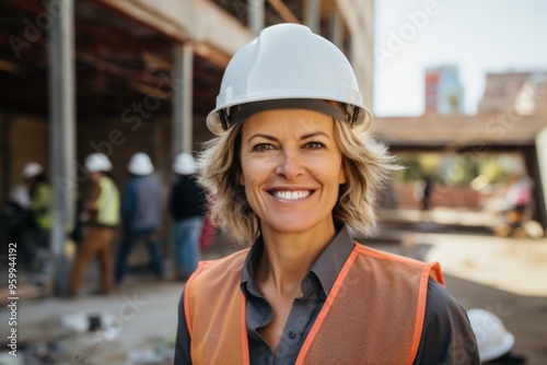 Portrait of a smiling middle aged businesswoman on construction site