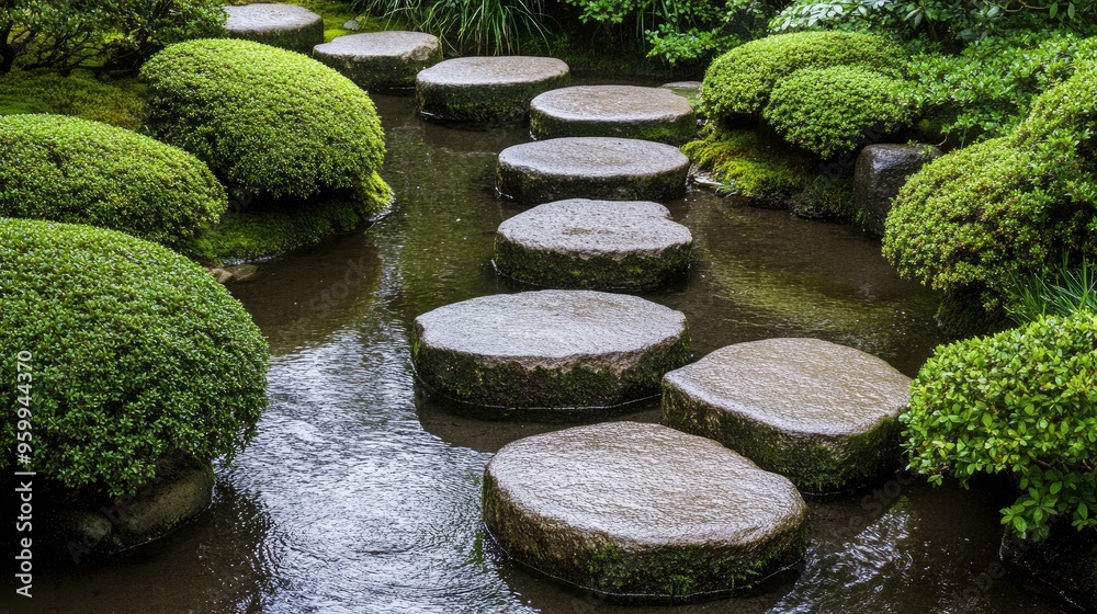 A beautiful Japanese garden exhibits a stone path gracefully meandering over a tranquil pond, bordered by vibrant plants and serene landscaping that invites relaxation. A beautiful Japanese garden exhibits a stone path gracefully meandering over a tranquil pond, bordered by vibrant plants and serene landscaping that invites relaxation.
