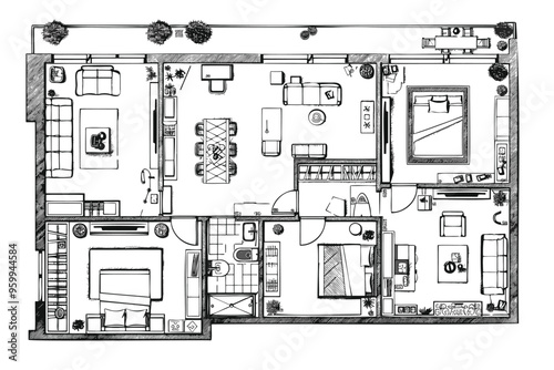 Detailed Architecture Plan with Furniture Layout, Isolated on White for Office Design