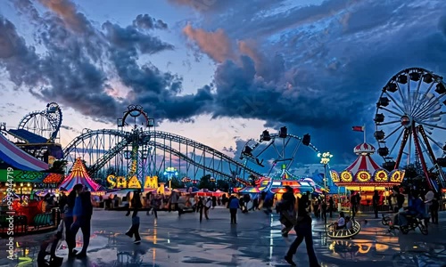 A vibrant carnival with swirling rides, colorful tents, and the smell of cotton candy in the air. 4K Video photo